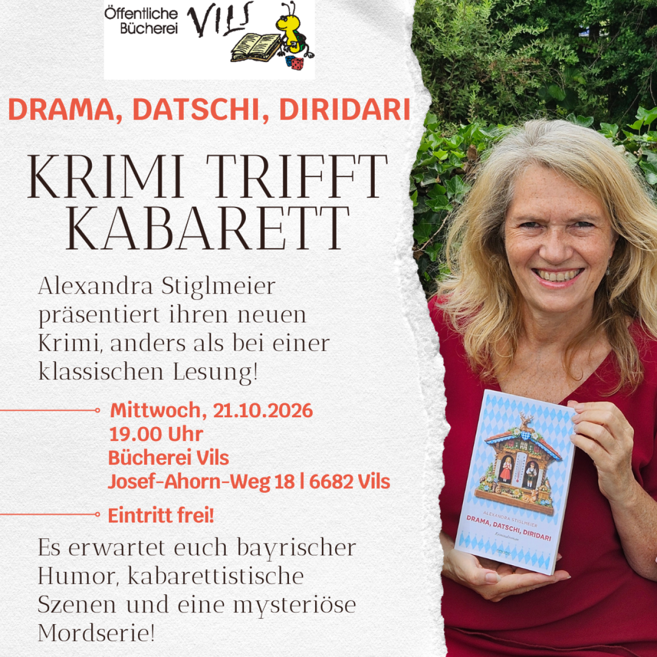 Die Autorin und ihr neues Buch mit dem Veranstaltungshinweis.